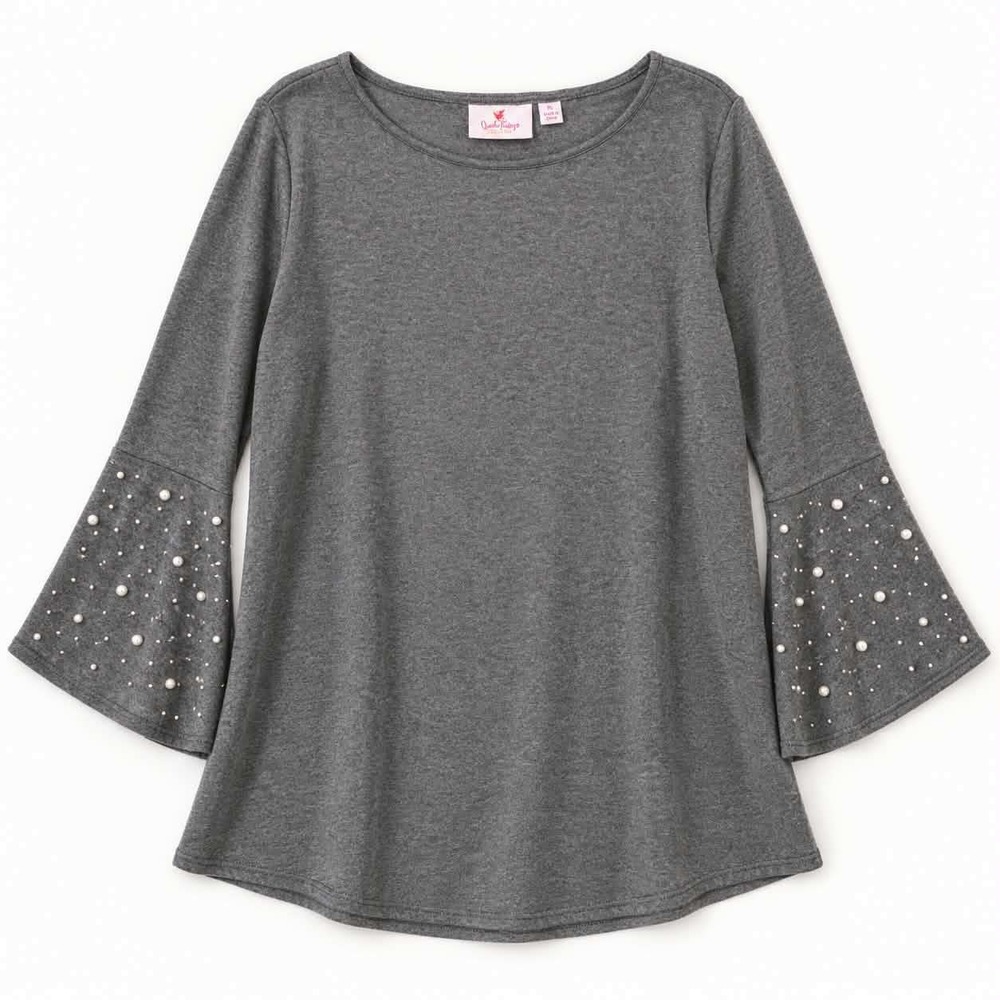 Quacker Factory XL Gray Pearl Embellished Bell Sleeve Knit Tunic Top A343657
